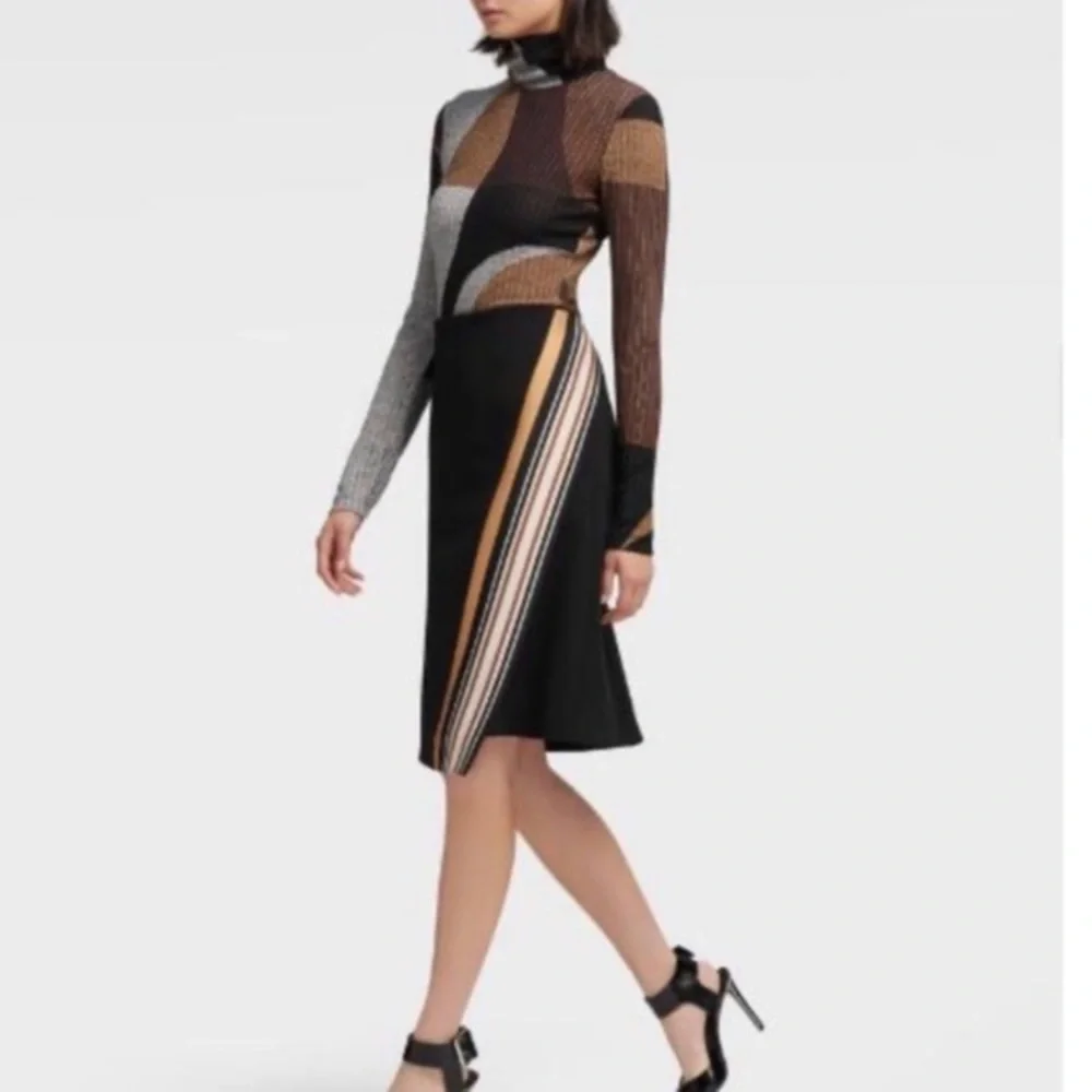 DKNY Black Midi Skirt with Tan and White Stripe Detail